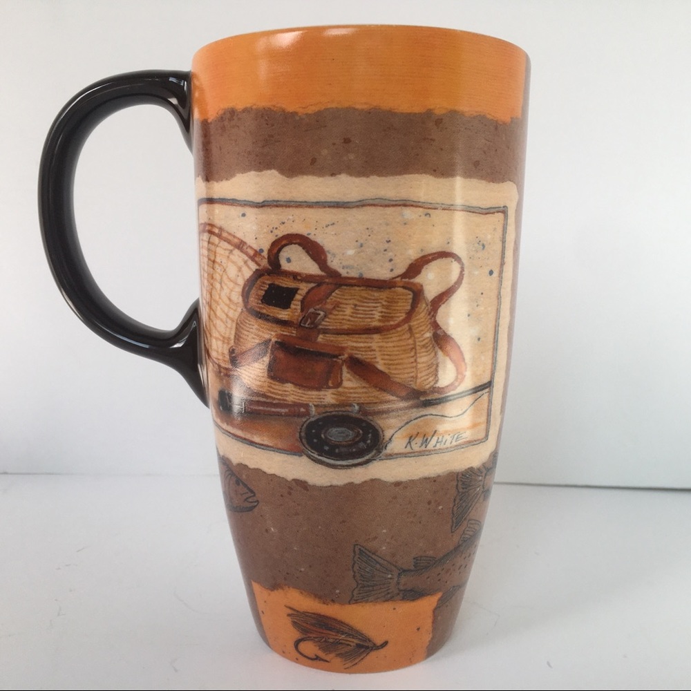 Fishing mug cypress tall 6" tackle box fish pole beige brown coffee cup